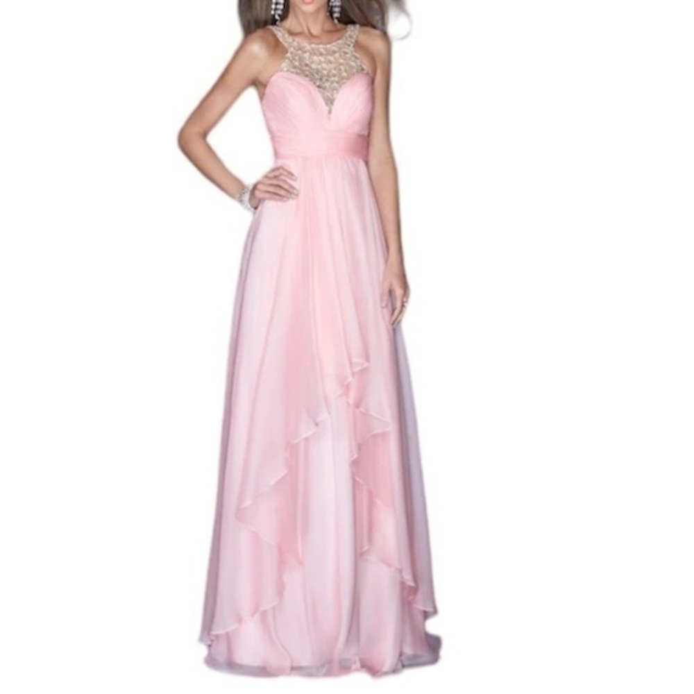 LA FEMME Pink Crystal-High-Neck Chiffon Gown